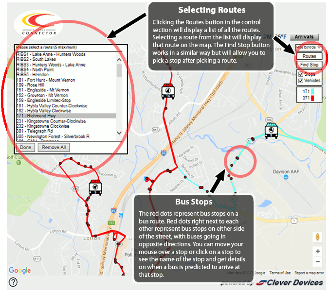 Selecting Routes - Clicking the Routes button in the control section will display a list of all the Fairfax Connector routes.  Selecting a route from the list will display that route on the map.  The Find Stop button works in a similar way but will allow you to pick a stop after picking a route.